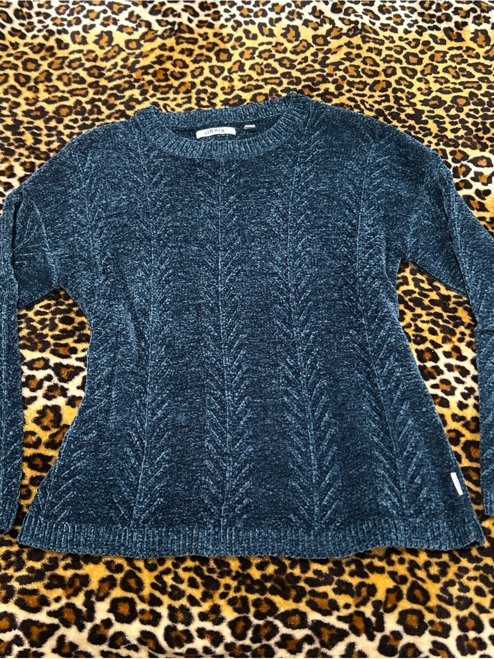 Orvis Women's Teal Blue Cable Chenille Crewneck Sweater